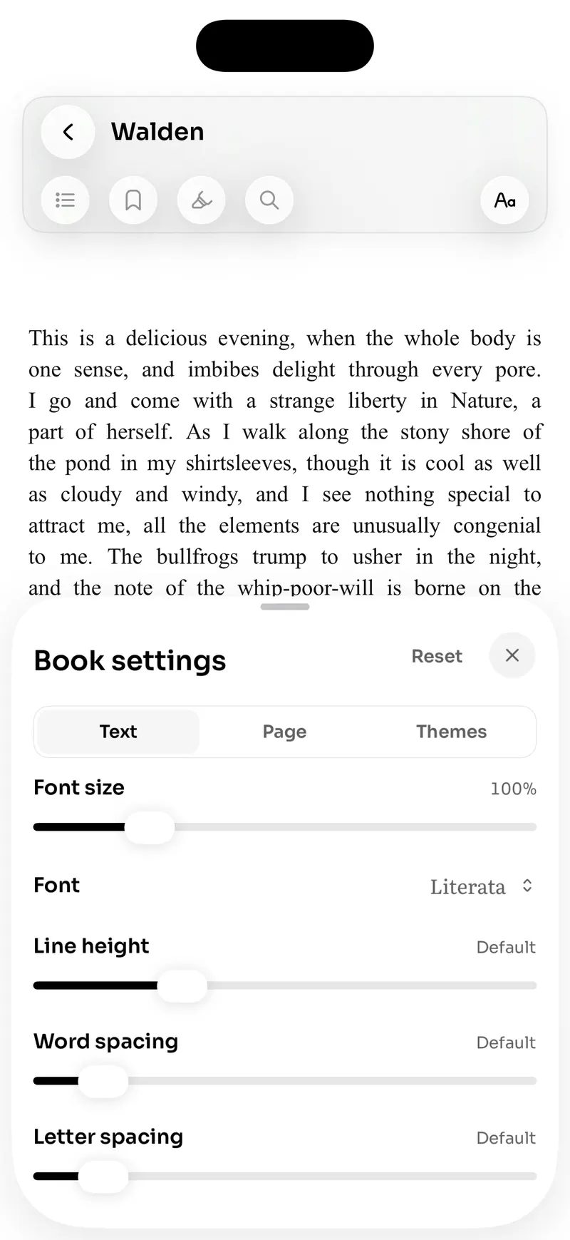 Reader settings open over a book